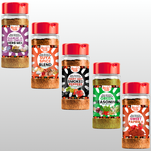 Barbeque & Grilling (Spicy & Savory): Garlic-Red Onion Herb Mix, Suya Spice Blend, Fiery Hot Smoked Pepper, Green Seasoning, Sweet Paprika
