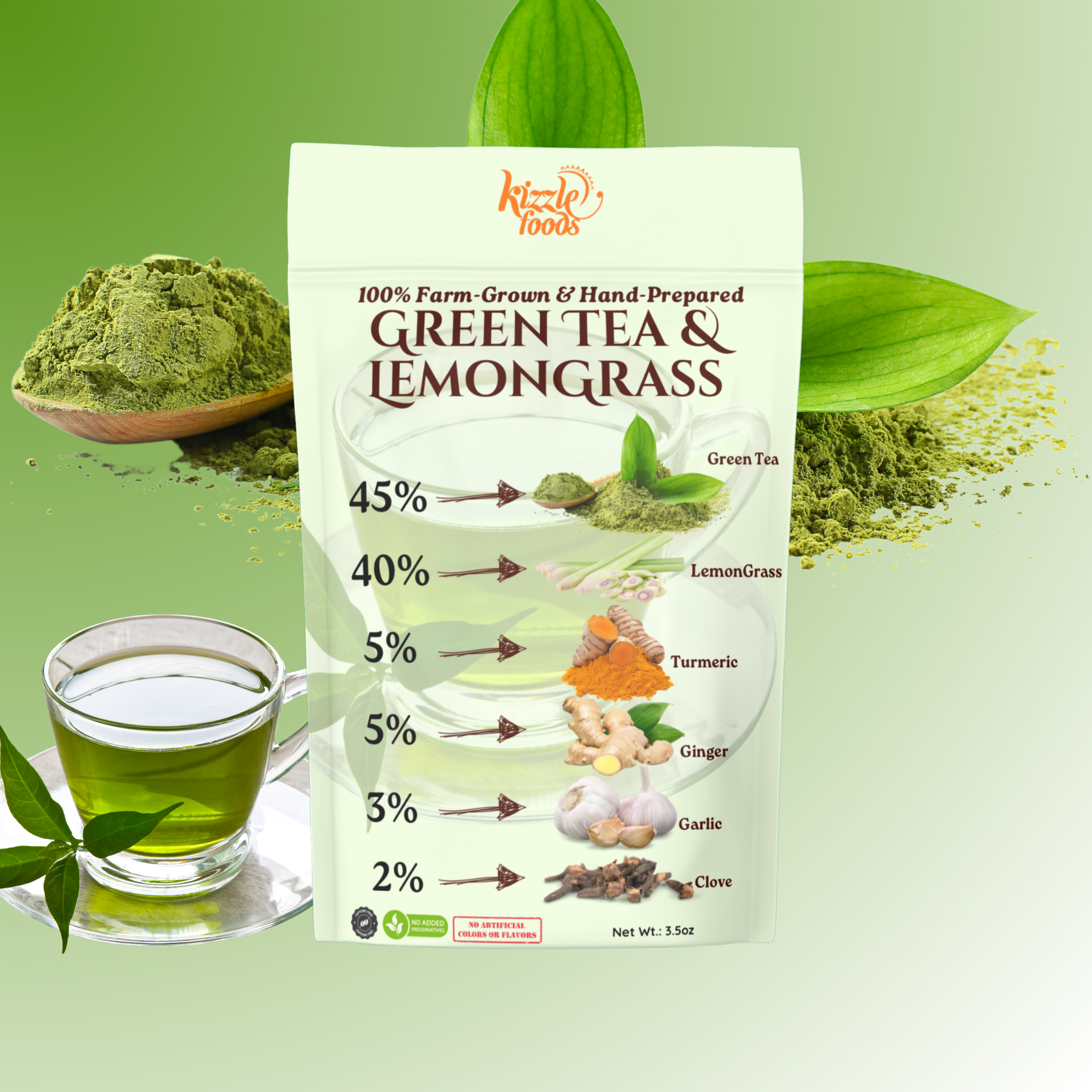 KizzleFoods Green Tea & LemonGrass Tea Blend, 2.5oz